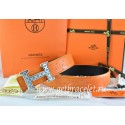 Replica Hermes Reversible Belt Orange/Black Ostrich Stripe Leather With 18K Silver Spot Stripe H Buckle QY01724