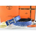 Replica Luxury Hermes Reversible Belt Blue/Black Ostrich Stripe Leather With 18K Silver Idem With Logo Buckle QY02072