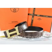 Copy Hermes Reversible Belt Brown/Black Crocodile Stripe Leather With18K Gold Wave Stripe H Buckle QY00188