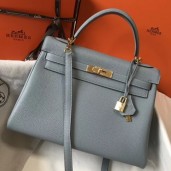 Designer Fake Hermes Blue Lin Clemence Kelly 32cm Retourne Handbag QY00060