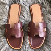Designer Hermes Oran Sandals In Bordeaux Swift Leather QY02310