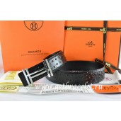 Fake Copy Hermes Reversible Belt Black/Black Ostrich Stripe Leather With 18K Silver H au Carre Buckle QY01094