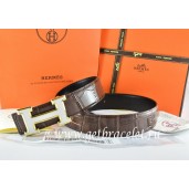 Fake Hermes Reversible Belt Brown/Black Crocodile Stripe Leather With18K White Gold H Buckle QY01764