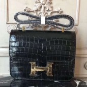 Hermes Black Constance MM 24cm Crocodile Handbag QY00378