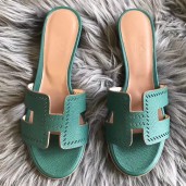 Hermes Oran Perforated Sandals In Malachite Epsom Leather QY01060