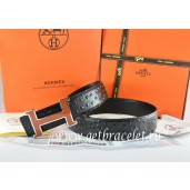 Hermes Reversible Belt Black/Black Ostrich Stripe Leather With 18K Brown Silver Narrow H Buckle QY00016