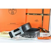 Hermes Reversible Belt Black/Black Snake Stripe Leather With 18K Silver H Buckle QY01271