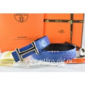 Hermes Reversible Belt Blue/Black Ostrich Stripe Leather With 18K Black Gold Idem Buckle QY01974