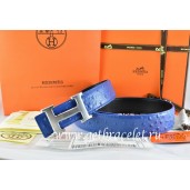 Hermes Reversible Belt Blue/Black Ostrich Stripe Leather With 18K Drawbench Silver H Buckle QY01525