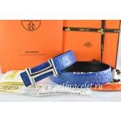 Hermes Reversible Belt Blue/Black Ostrich Stripe Leather With 18K Silver Idem Buckle QY01326