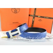 Hermes Reversible Belt Blue/Black Ostrich Stripe Leather With 18K White Silver H Buckle QY00542