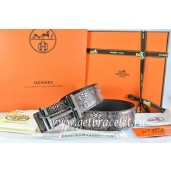 Hermes Reversible Belt Brown/Black Snake Stripe Leather With 18K Silver H au Carre Buckle QY01058