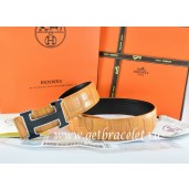 Hermes Reversible Belt Orange/Black Crocodile Stripe Leather With18K Black Silver Width H Buckle QY02099