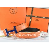 Hermes Reversible Belt Orange/Black Ostrich Stripe Leather With 18K Blue Silver Narrow H Buckle QY01001