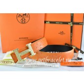 Hermes Reversible Belt Orange/Black Ostrich Stripe Leather With 18K Gold Bamboo Strip H Buckle QY02037