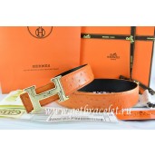 Hermes Reversible Belt Orange/Black Ostrich Stripe Leather With 18K Gold Geometric Stripe H Buckle QY01766