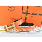 Hermes Reversible Belt Orange/Black Ostrich Stripe Leather With 18K Gold Wave Stripe H Buckle QY01049