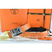 Hermes Reversible Belt Orange/Black Ostrich Stripe Leather With 18K Silver Big H Buckle QY01039