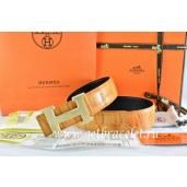 Hermes Reversible Belt Orange/Orange Crocodile Stripe Leather With18K Drawbench Gold H Buckle QY01185