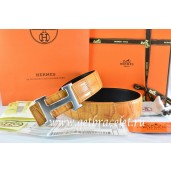 Hermes Reversible Belt Orange/Orange Crocodile Stripe Leather With18K Drawbench Silver H Buckle QY02400