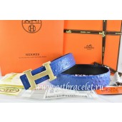Imitation Hermes Reversible Belt Blue/Black/Black Ostrich Stripe Leather With 18K Drawbench Gold H Buckle QY00248