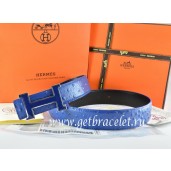 Imitation Hermes Reversible Belt Blue/Black Ostrich Stripe Leather With 18K Blue Silver Narrow H Buckle QY00023