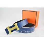 Imitation Hermes Reversible Belt Dark Blue/Black Togo Calfskin With 18k Gold H Buckle QY01739