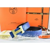 Imitation Luxury Hermes Reversible Belt Blue/Black/Black Ostrich Stripe Leather With 18K Gold H Buckle QY02083