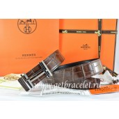 Knockoff Best Hermes Reversible Belt Brown/Black Crocodile Stripe Leather With18K Silver H au Carre Buckle QY01120