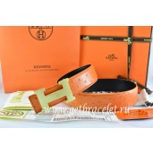 Knockoff Hermes Reversible Belt Orange/Black Ostrich Stripe Leather With 18K Gold H Buckle QY00149