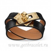 Knockoff Hermes Rivale Double Wrap Bracelet Black With Gold QY00990