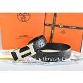 Quality Hermes Reversible Belt Black/Black Ostrich Stripe Leather With 18K White Gold H Buckle QY02097