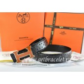 Replica Hermes Reversible Belt Black/Black Ostrich Stripe Leather With 18K Brown Gold Width H Buckle QY01747