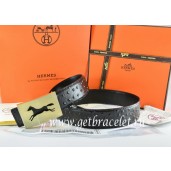 Replica Hermes Reversible Belt Black/Black Ostrich Stripe Leather With 18K Gold Hollow Horse Buckle QY02341