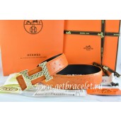 Top Hermes Reversible Belt Orange/Black Ostrich Stripe Leather With 18K Gold Spot Stripe H Buckle QY02173