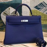 AAA Hermes Blue Clemence Kelly 35cm Handmade Bag QY00777