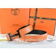 Hermes Reversible Belt Orange/Black Ostrich Stripe Leather With 18K Black Silver Width H Buckle QY01869