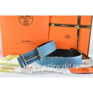 Imitation Hermes Reversible Belt Blue/Black Togo Calfskin With 18k Silver Double H Buckle QY01434