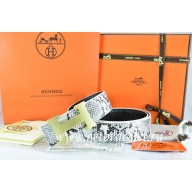 Imitation Hermes Reversible Belt White/Black Snake Stripe Leather With 18K Gold H Buckle QY02212