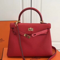 AAA Hermes Red Clemence Kelly 25cm GHW Bag QY00304