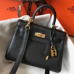AAA Imitation Hermes Mini Kelly 20cm Handbag In Black Clemence Leather QY01369
