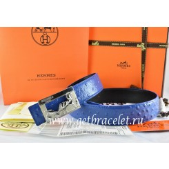 AAA Imitation Hermes Reversible Belt Blue/Black Ostrich Stripe Leather With 18K Silver Coach Buckle QY00404