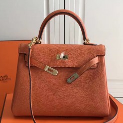 AAA Replica Hermes Orange Clemence Kelly 25cm GHW Bag QY00246