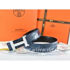 AAAAA Knockoff Hermes Reversible Belt Blue/Black Crocodile Stripe Leather With18K White Silver Narrow H Buckle QY01258