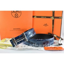 Best 1:1 Hermes Reversible Belt Blue/Black Crocodile Stripe Leather With18K Silver H au Carre Buckle QY02182