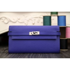 Best Quality Copy Hermes Kelly Longue Wallet In Electric Blue Clemence Leather QY01554