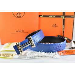 Best Quality Replica Hermes Reversible Belt Blue/Black Ostrich Stripe Leather With 18K Gold H au Carre Buckle QY00430