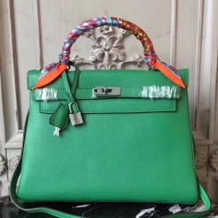 Replica Hermes Kelly 28cm Bag In Vert Amande Clemence Leather GHW