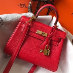 Cheap Hermes Mini Kelly 20cm Handbag In Red Clemence Leather QY01789