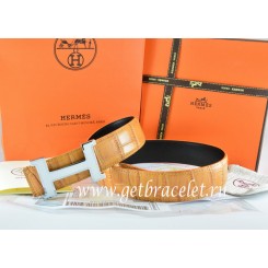 Copy Hermes Reversible Belt Orange/Black Crocodile Stripe Leather With18K White Silver Narrow H Buckle QY00913